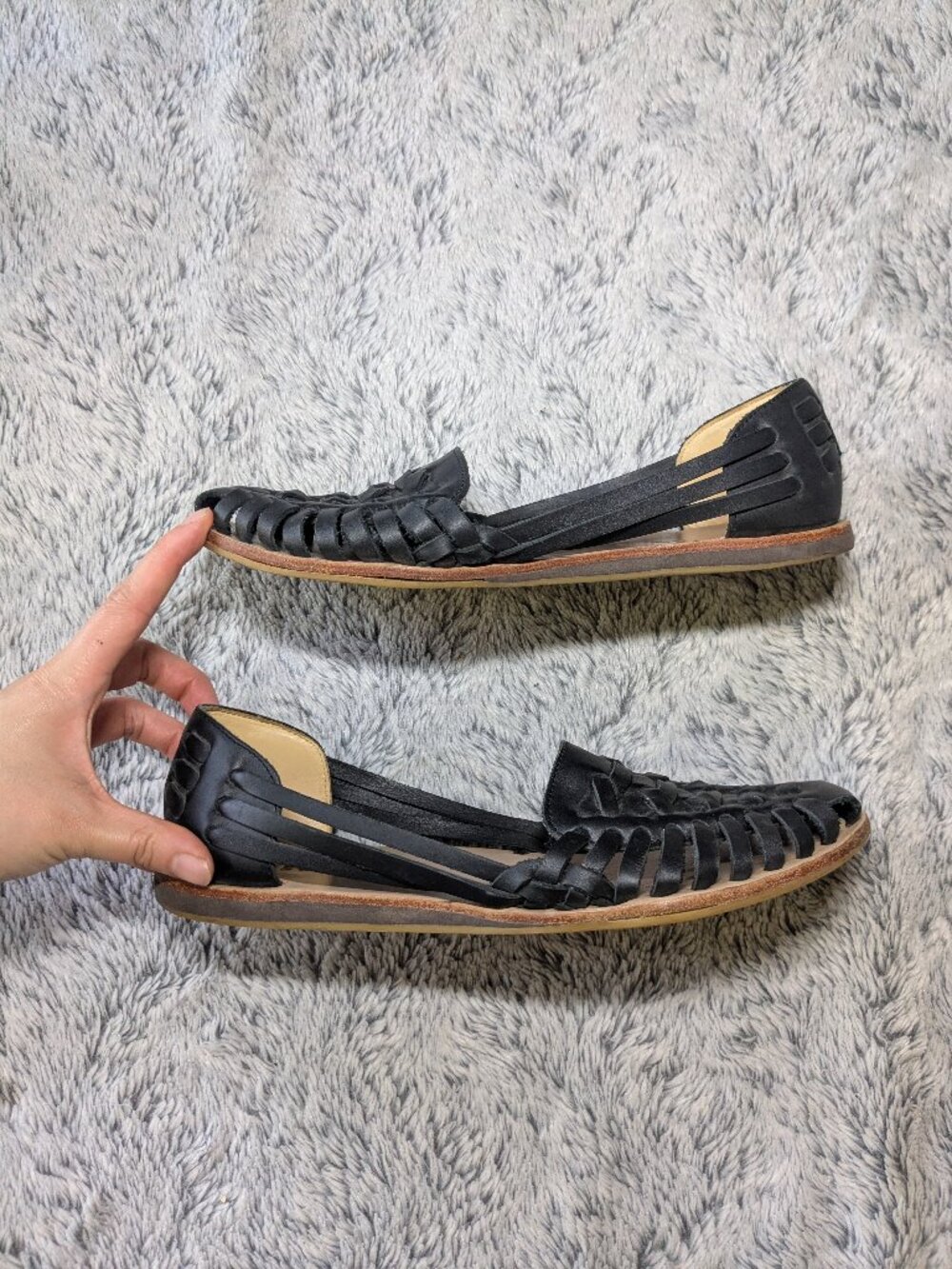 Nisolo Black Huarache Sandals Ecuador Leather Brown Slip On Shoes 7.5 Black - Picture 2 of 7